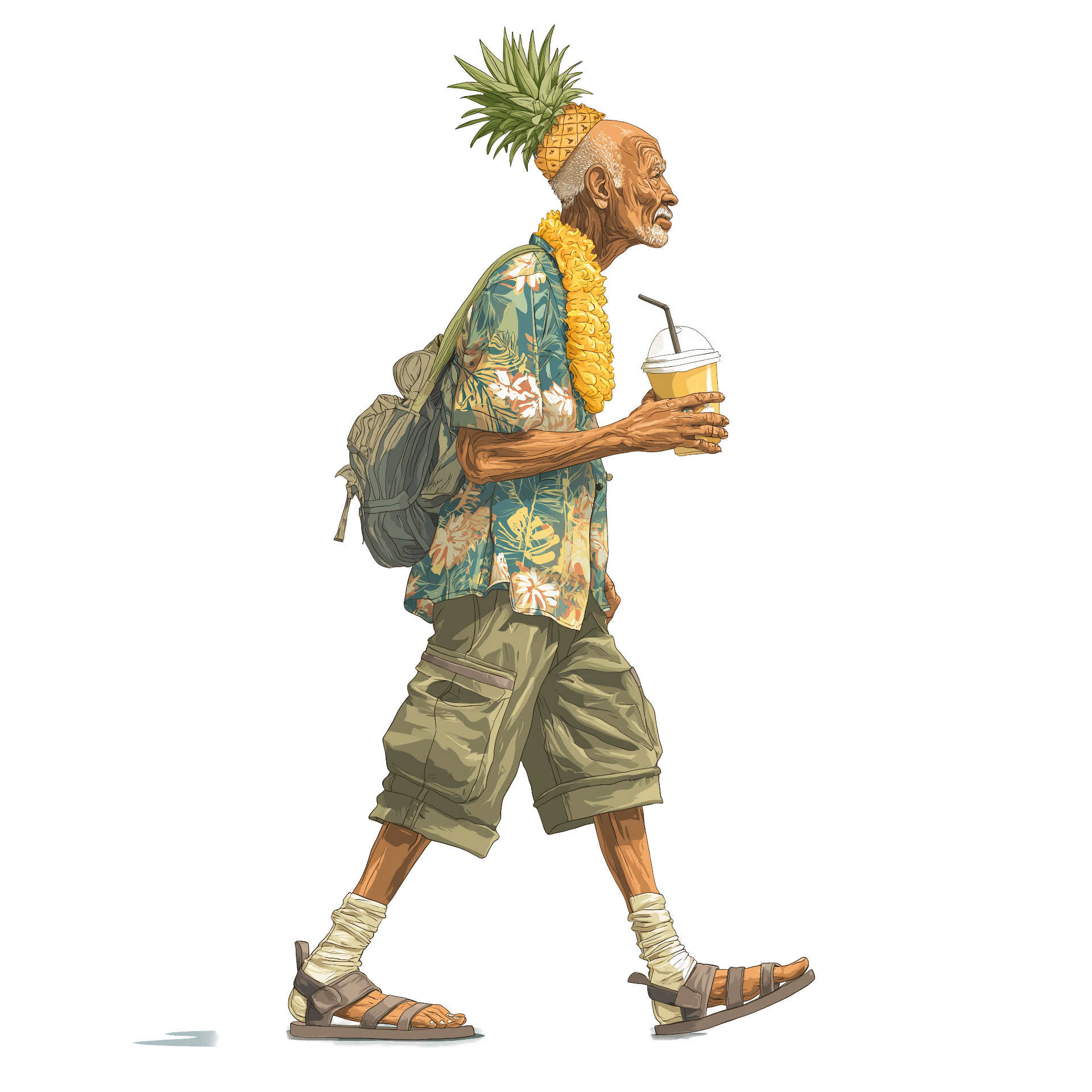 Pineapple-headed traveller character sipping a CRUSH drink