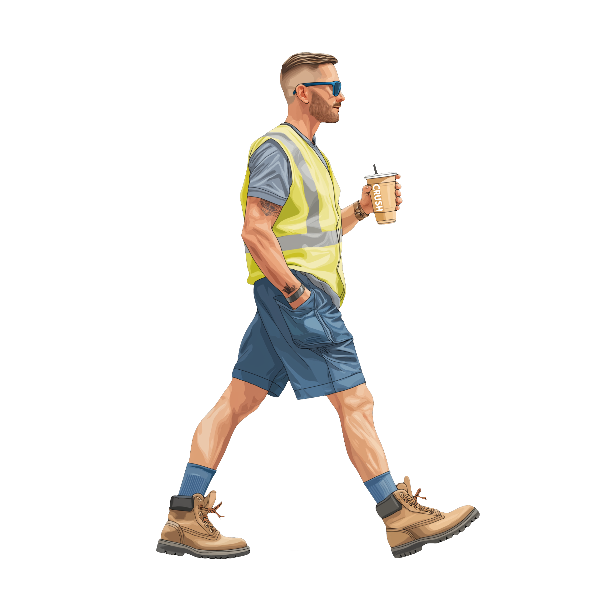 Tradie in a hi-vis vest walking with a CRUSH coffee