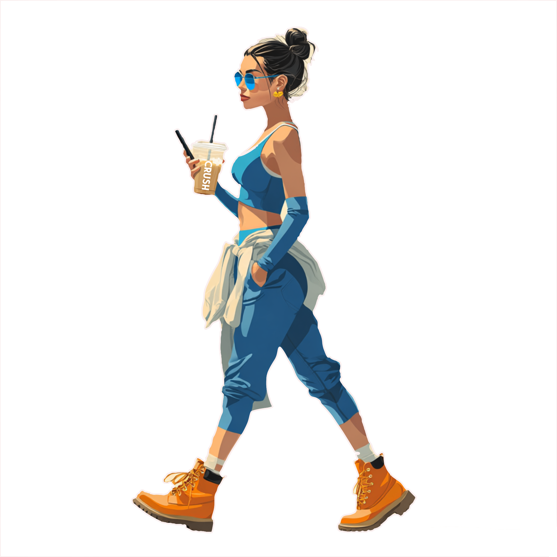 Woman in activewear striding with a CRUSH iced coffee