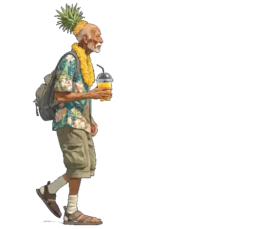 Animated old man walking with a CRUSH drink